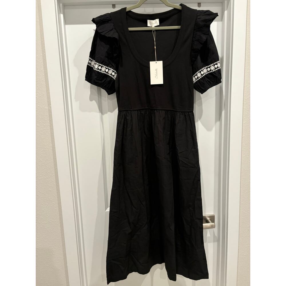 Cleobella Selma Midi Dress Black Puff Sleeve Boho Cottagecore Size Large NWT - Picture 5 of 8